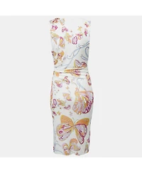 Pre-Owned Emilio Pucci Women's White Printed Jersey Draped Sleeveless Midi Dress