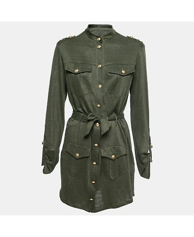 Pre-Owned Balmain Women's Kaki Green Knit Button-Embellished Belted Mini Dress