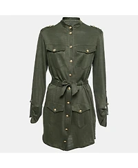 Pre-Owned Balmain Women's Kaki Green Knit Button-Embellished Belted Mini Dress