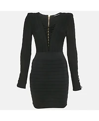 Pre-Owned Balmain Women's Black Knit Lace-Up Long Sleeve Mini Dress