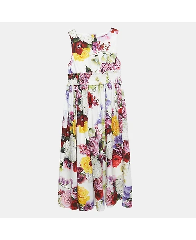 Pre-Owned Dolce & Gabbana Women's White Floral Print Poplin Smocking Effect Dress