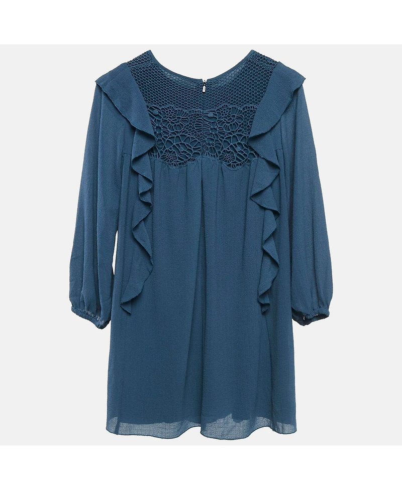 Pre-Owned Chloe Women's Blue Crepe Ruffled Lace Overlay Detail Dress