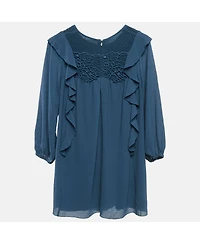 Pre-Owned Chloe Women's Blue Crepe Ruffled Lace Overlay Detail Dress