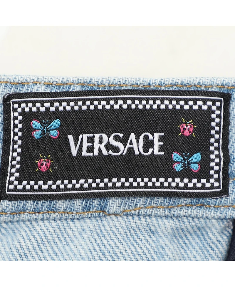 Pre-Owned Versace Women's Blue Logo Print Denim Strapless Mini Dress