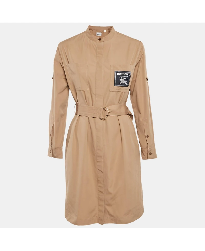 Pre-Owned Burberry Women's Brown Cotton Label Detail Button Front Belted Short Dress