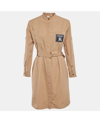 Pre-Owned Burberry Women's Brown Cotton Label Detail Button Front Belted Short Dress