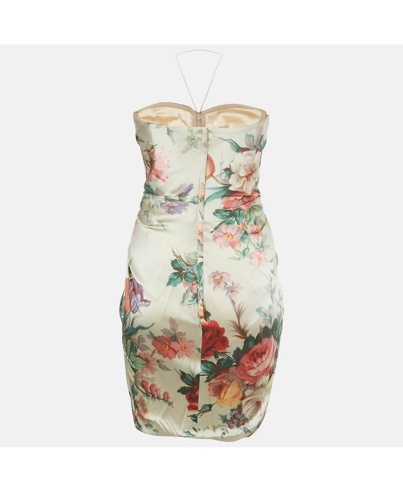 Pre-Owned Dolce & Gabbana Women's Beige Floral Print Silk Bow Detail Strapless Mini Dress