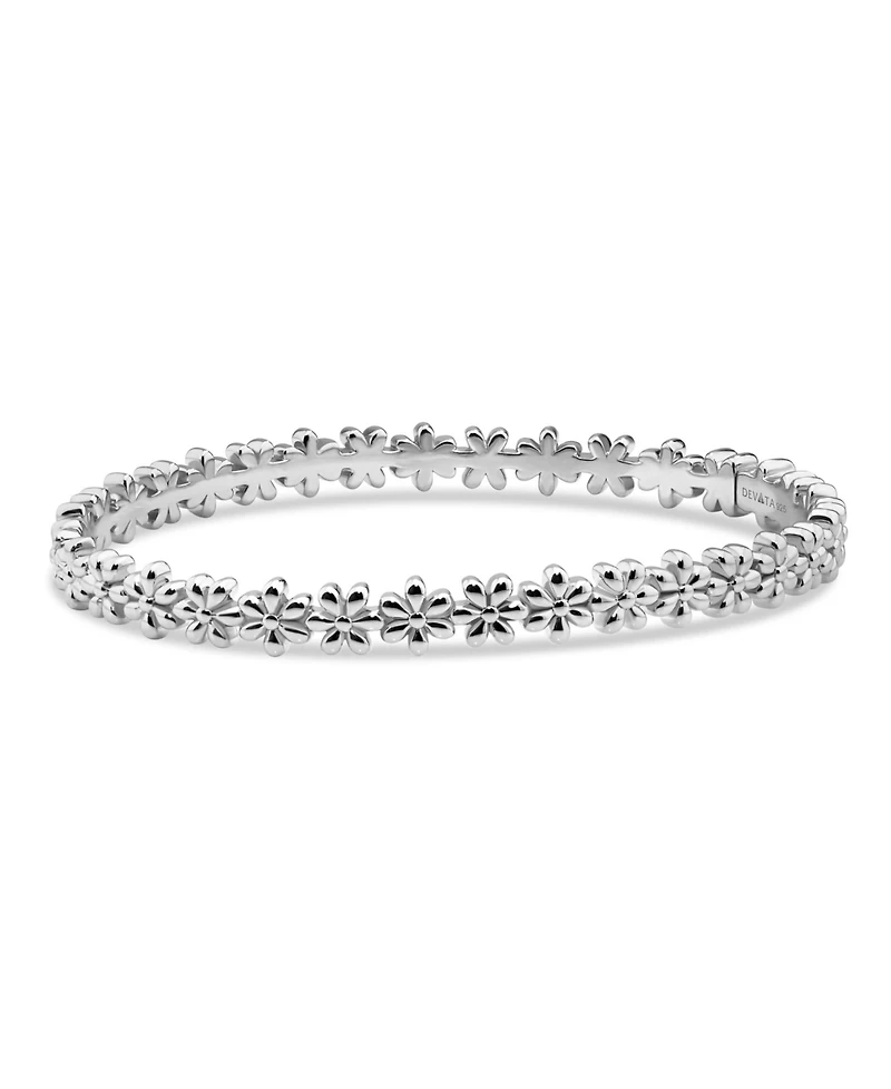 Devata Daisy Flower Eternity Bangle Bracelet in Rhodium Plated Sterling , Size .