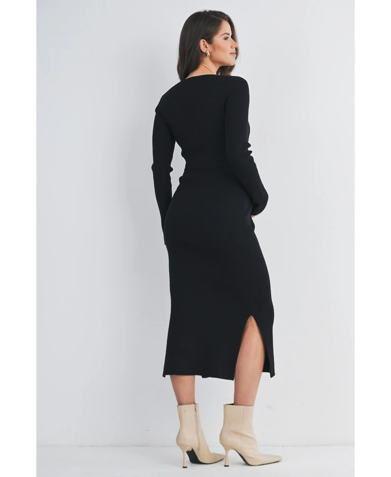 Hello Miz Maternity Ribbed Button Down Waist Tie Midi Nursing Dress - Black