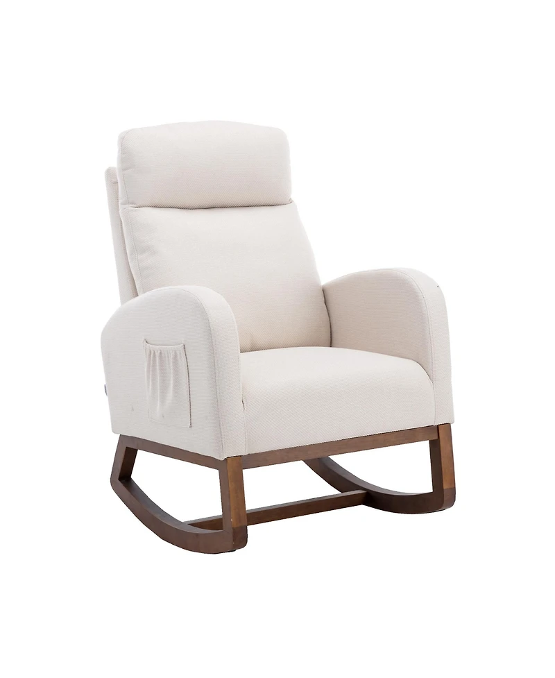 Flynama Beige Linen Rocking Recliner Chair – Modern Home Furniture with Wood Legs, Side Pocket & High Back
