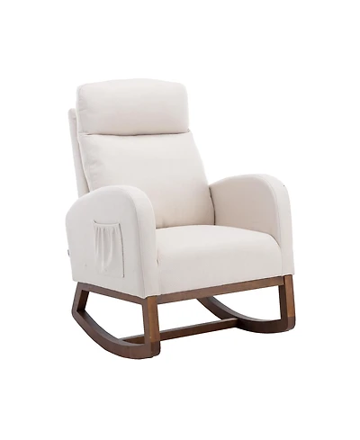 Flynama Beige Linen Rocking Recliner Chair – Modern Home Furniture with Wood Legs, Side Pocket & High Back