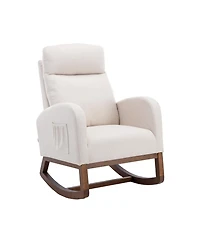 Flynama Beige Linen Rocking Recliner Chair – Modern Home Furniture with Wood Legs, Side Pocket & High Back