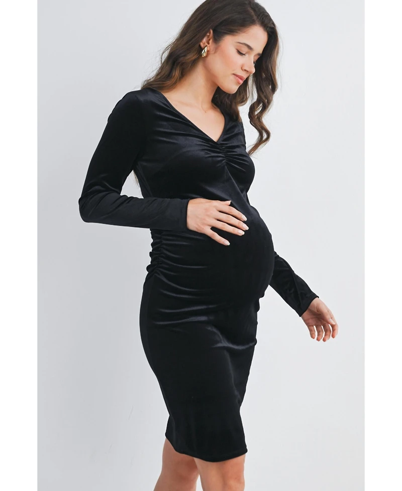 Hello Miz Maternity Long Sleeve V Neck Ruched Velvet Dress