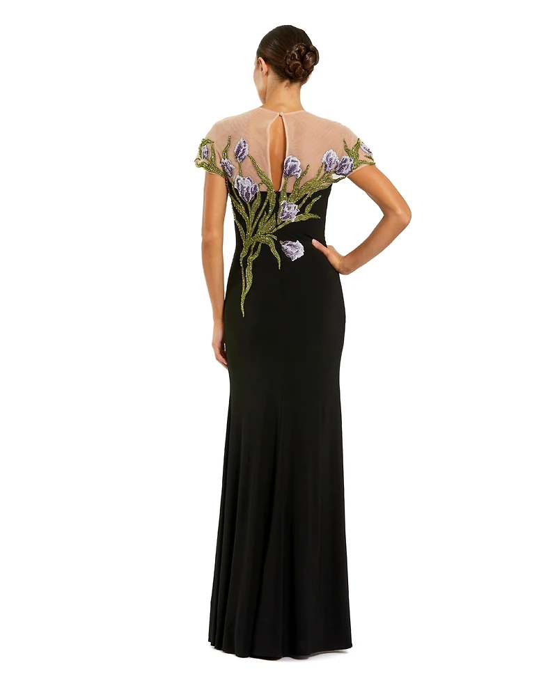 Mac Duggal Women's Jersey Floral Embroidered Illusion Neck Gown