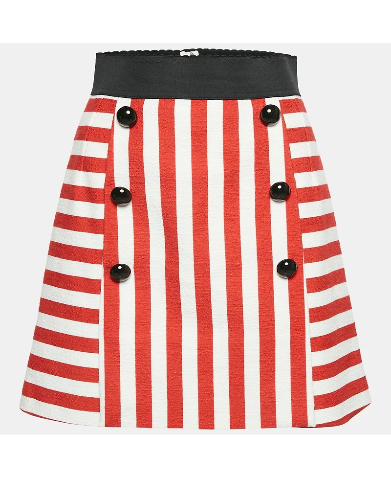 Pre-Owned Dolce & Gabbana Women's White/red Slub Cotton Button Detail Mini Skirt