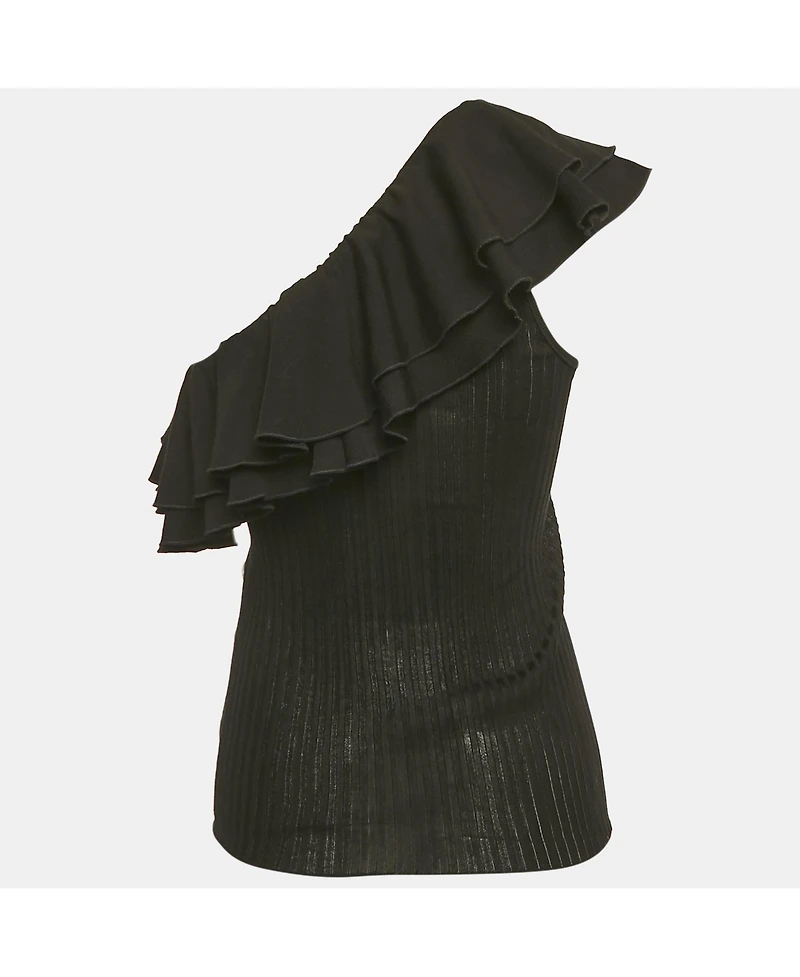 Pre-Owned Balmain Women's Black Rib Knit Ruffled One Shoulder Top
