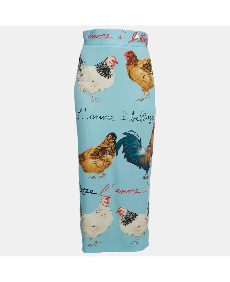 Pre-Owned Dolce & Gabbana Women's Blue Chicken Print Crepe Midi Skirt