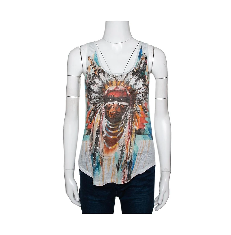 Pre-Owned Balmain Women's Pale Linen Jersey Red Indian Print Sleeveless Tank Top