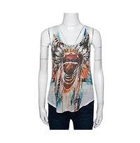 Pre-Owned Balmain Women's Pale Linen Jersey Red Indian Print Sleeveless Tank Top