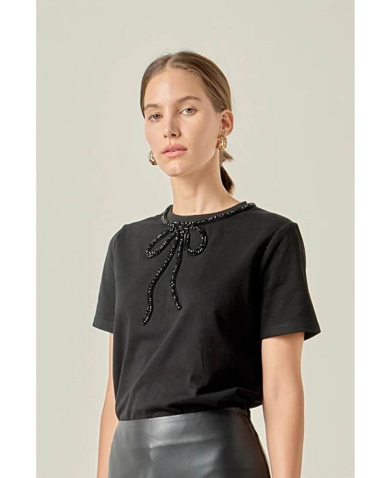 English Factory Women's Beaded Bow T-Shirt