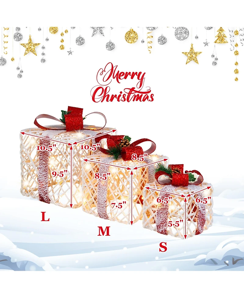 Costway Set of 3 Christmas Lighted Gift Boxes, Indoor Present Box Holiday Decoration