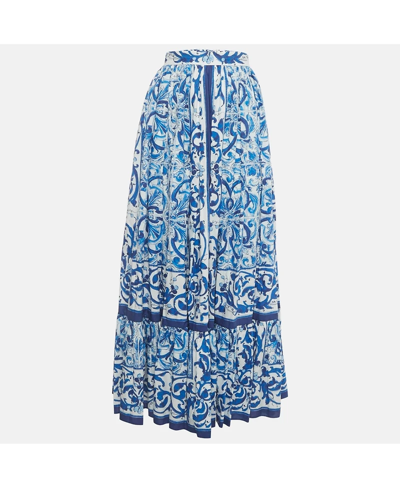Pre-Owned Dolce & Gabbana Women's Blue Majolica Print Poplin Maxi Skirt