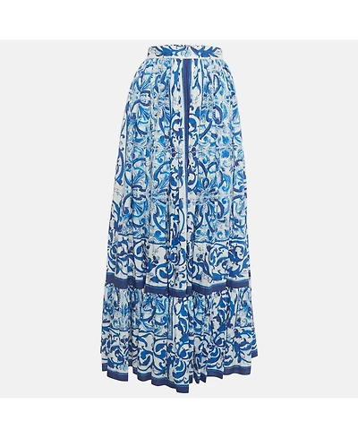 Pre-Owned Dolce & Gabbana Women's Blue Majolica Print Poplin Maxi Skirt