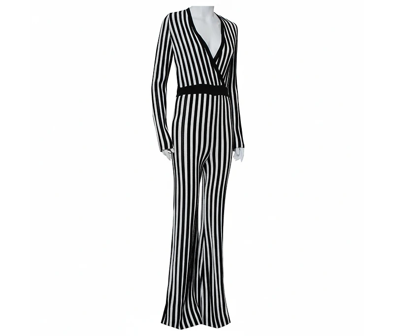 Pre-Owned Balmain Women's Monochrome Striped Knit Faux Wrap Jumpsuit