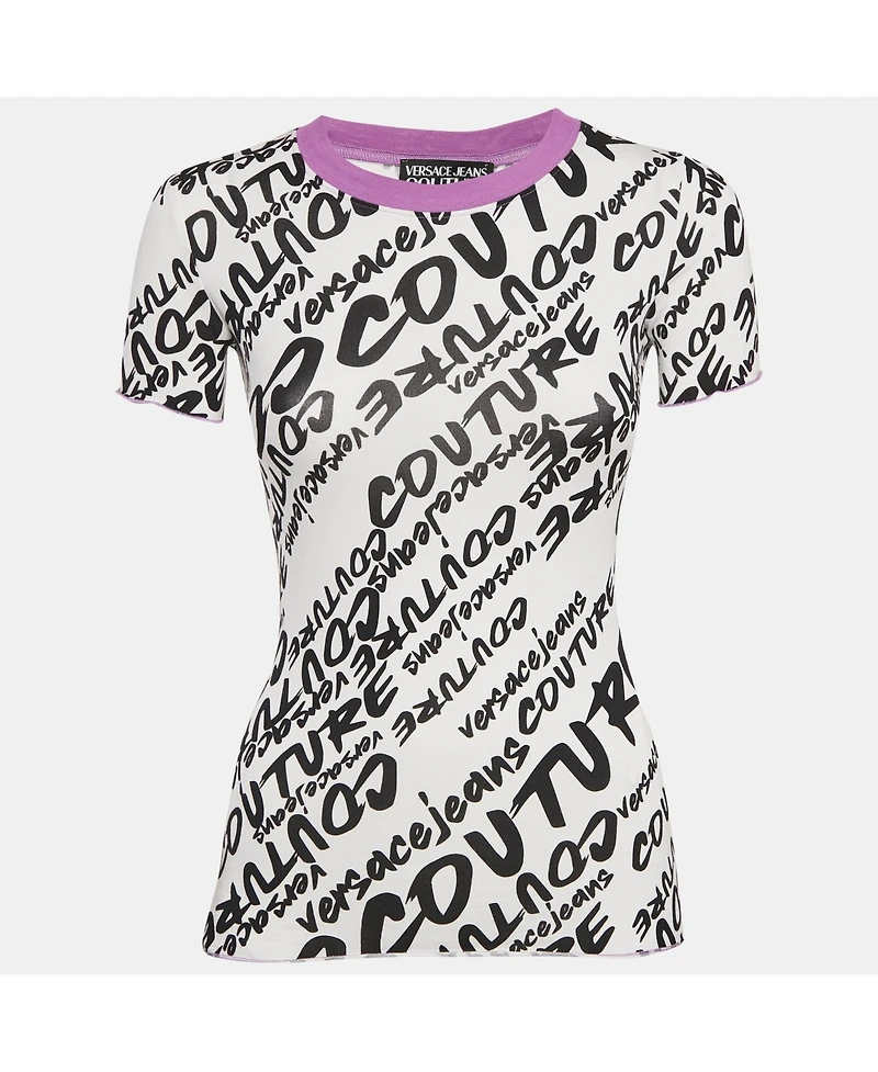 Pre-Owned Versace Women's Jeans Couture Logo Brush Print Cotton Crew Neck T-Shirt