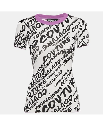 Pre-Owned Versace Women's Jeans Couture Logo Brush Print Cotton Crew Neck T-Shirt