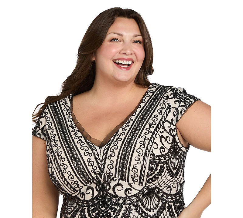 R & M Richards Plus V-Neck Sequin Design Long Dress