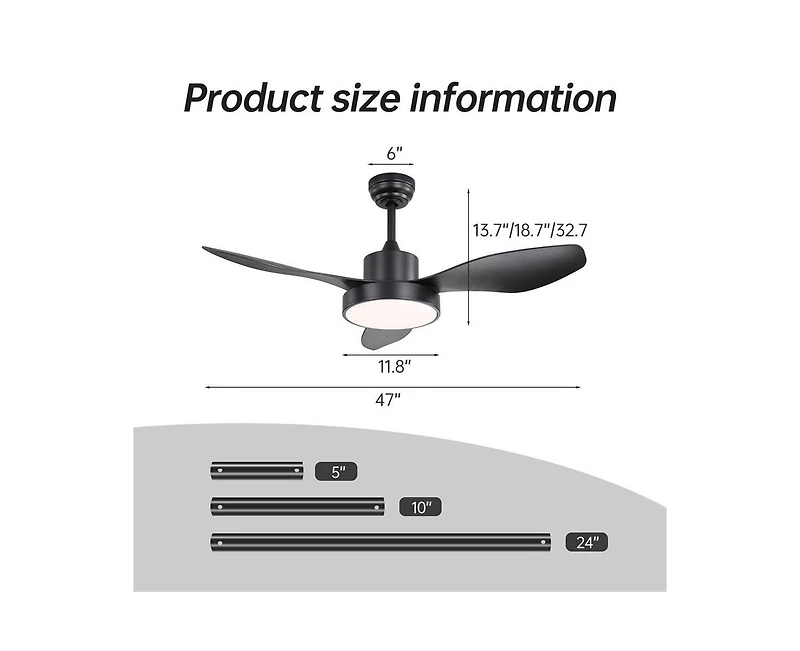 Sofucor 47-inch Modern Black 3 Blades Ceiling Fan with Six-Speed Remote Control and Timing Function and Light Kit