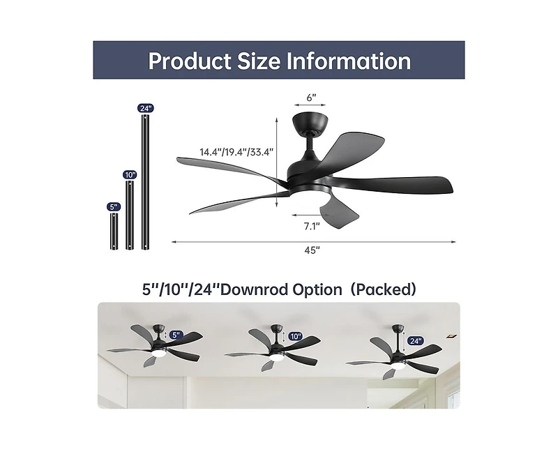 Sofucor 52-inch Modern Smart Standard Black 5-Blade Ceiling Fan with Remote Control and Led Light