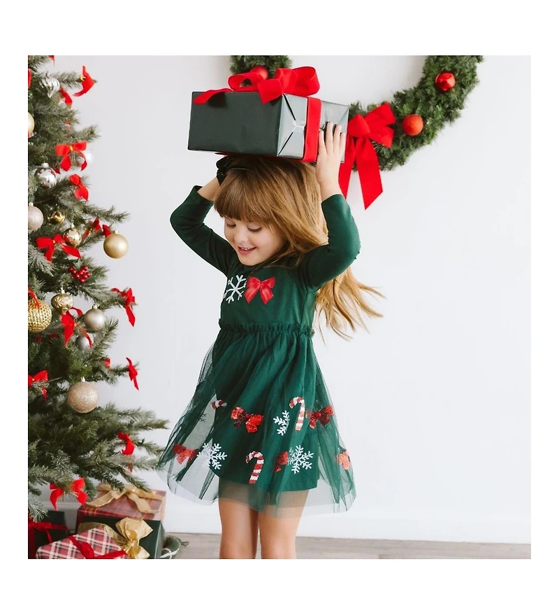 Sweet Wink Toddler Girls Emerald Candy Cane Sequin Christmas Long Sleeve Tutu Dress