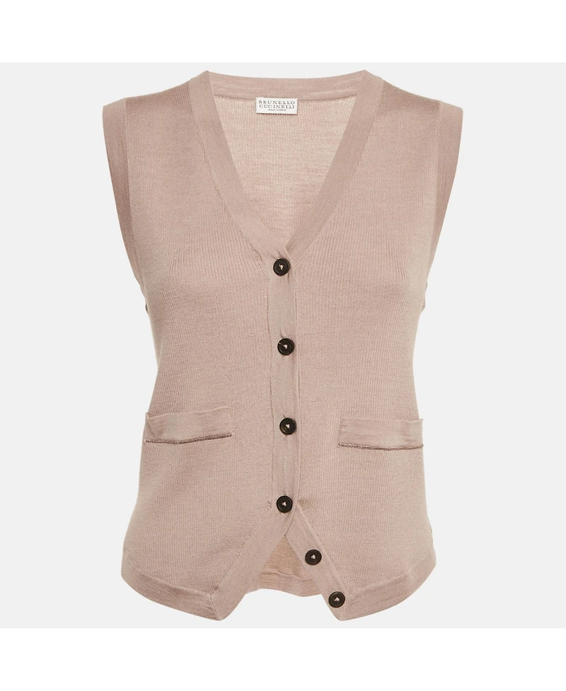 Pre-Owned Brunello Cucinelli Women's Beige Rib Knit Sleeveless Monili Bead Detail Cardigan