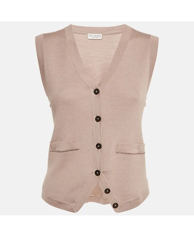 Pre-Owned Brunello Cucinelli Women's Beige Rib Knit Sleeveless Monili Bead Detail Cardigan