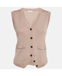 Pre-Owned Brunello Cucinelli Women's Beige Rib Knit Sleeveless Monili Bead Detail Cardigan