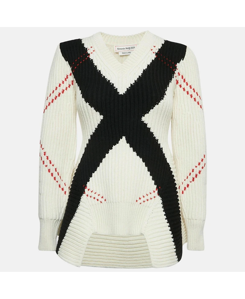 Pre-Owned Alexander Mcqueen Women's White Argyle Intarsia Rib Knit Sweater