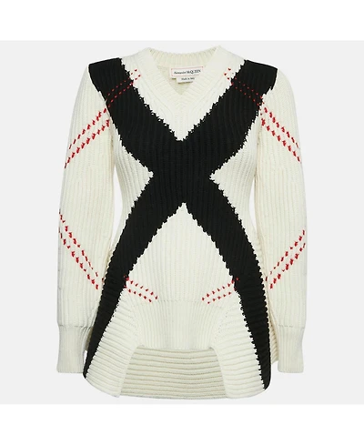 Pre-Owned Alexander Mcqueen Women's White Argyle Intarsia Rib Knit Sweater