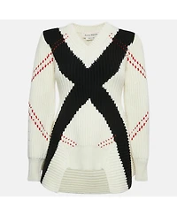 Pre-Owned Alexander Mcqueen Women's White Argyle Intarsia Rib Knit Sweater