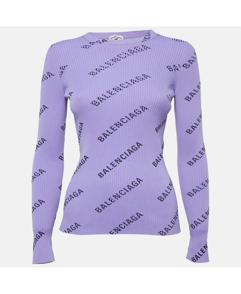 Pre-Owned Balenciaga Women's Purple All-Over Print Rib Knit Crewneck Sweater