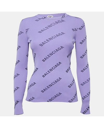 Pre-Owned Balenciaga Women's Purple All-Over Print Rib Knit Crewneck Sweater