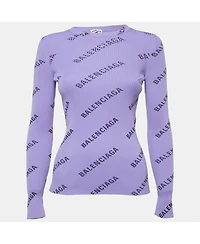Pre-Owned Balenciaga Women's Purple All-Over Print Rib Knit Crewneck Sweater