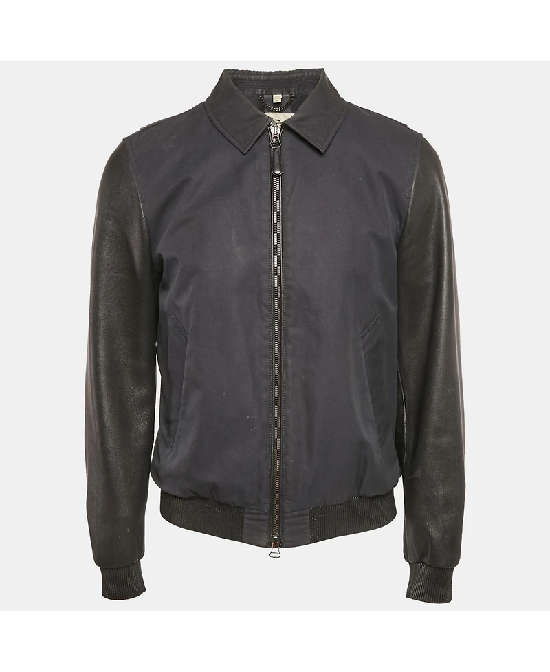 Pre-Owned Burberry Men's Navy Blue Cotton & Black Leather Zip Front Jacket