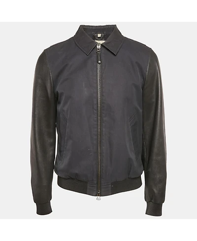Pre-Owned Burberry Men's Navy Blue Cotton & Black Leather Zip Front Jacket
