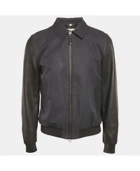 Pre-Owned Burberry Men's Navy Blue Cotton & Black Leather Zip Front Jacket