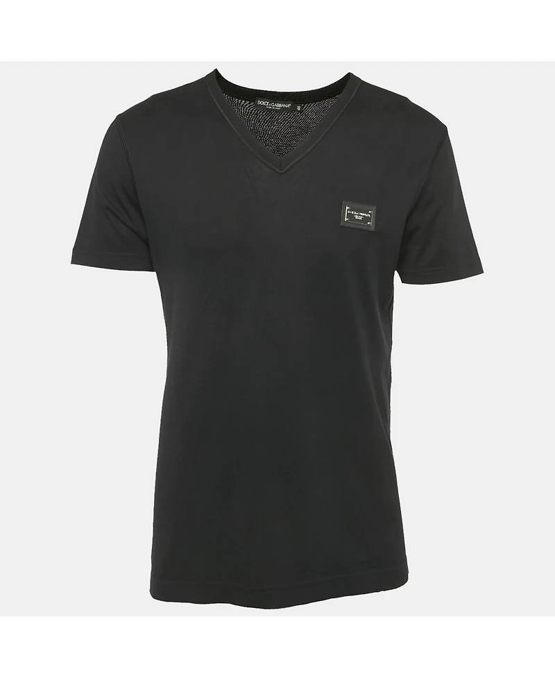 Pre-Owned Dolce & Gabbana Men's Black Cotton Logo Plaque Detail V-Neck T-Shirt