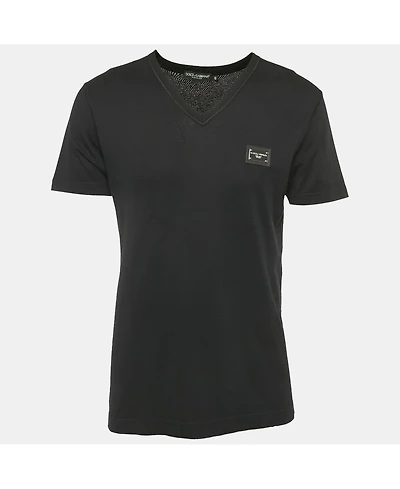 Pre-Owned Dolce & Gabbana Men's Black Cotton Logo Plaque Detail V-Neck T-Shirt