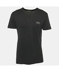 Pre-Owned Dolce & Gabbana Men's Black Cotton Logo Plaque Detail V-Neck T-Shirt
