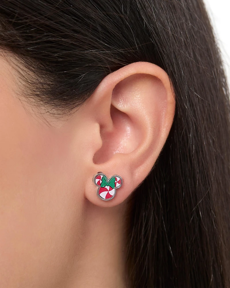Disney Holiday Stud Earring Set, 3 Pairs - Mickey Santa, Peppermint Ears & Gifts, Silver Tone